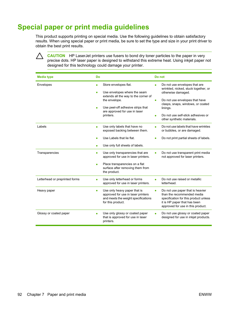 Special paper or print media guidelines | HP Color LaserJet CM4730 Multifunction Printer series User Manual | Page 108 / 370