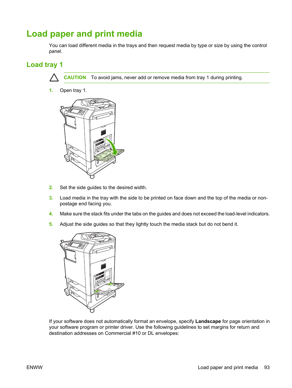 Load paper and print media, Load tray 1 | HP Color LaserJet CM4730 Multifunction Printer series User Manual | Page 109 / 370