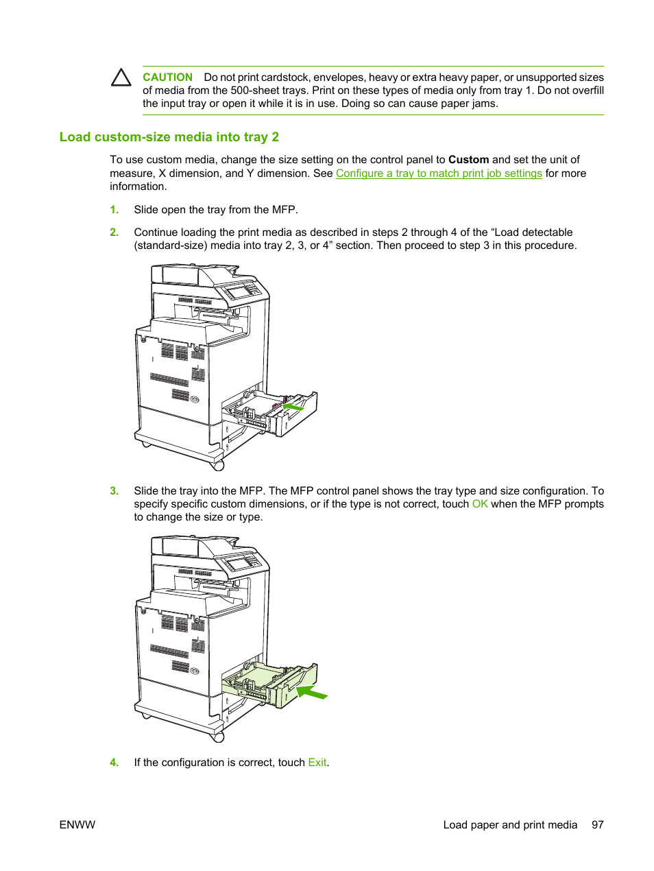 Load custom-size media into tray 2 | HP Color LaserJet CM4730 Multifunction Printer series User Manual | Page 113 / 370