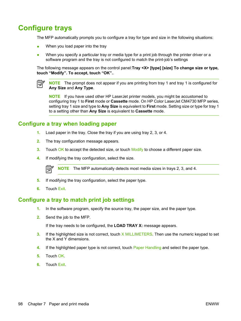 Configure trays, Configure a tray when loading paper, Configure a tray to match print job settings | HP Color LaserJet CM4730 Multifunction Printer series User Manual | Page 114 / 370