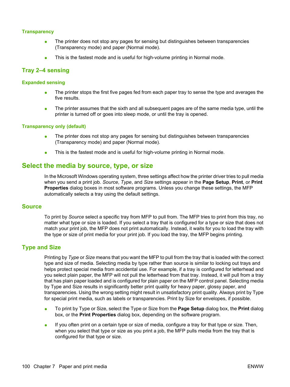 Tray 2–4 sensing, Select the media by source, type, or size, Source | Type and size, Source type and size | HP Color LaserJet CM4730 Multifunction Printer series User Manual | Page 116 / 370