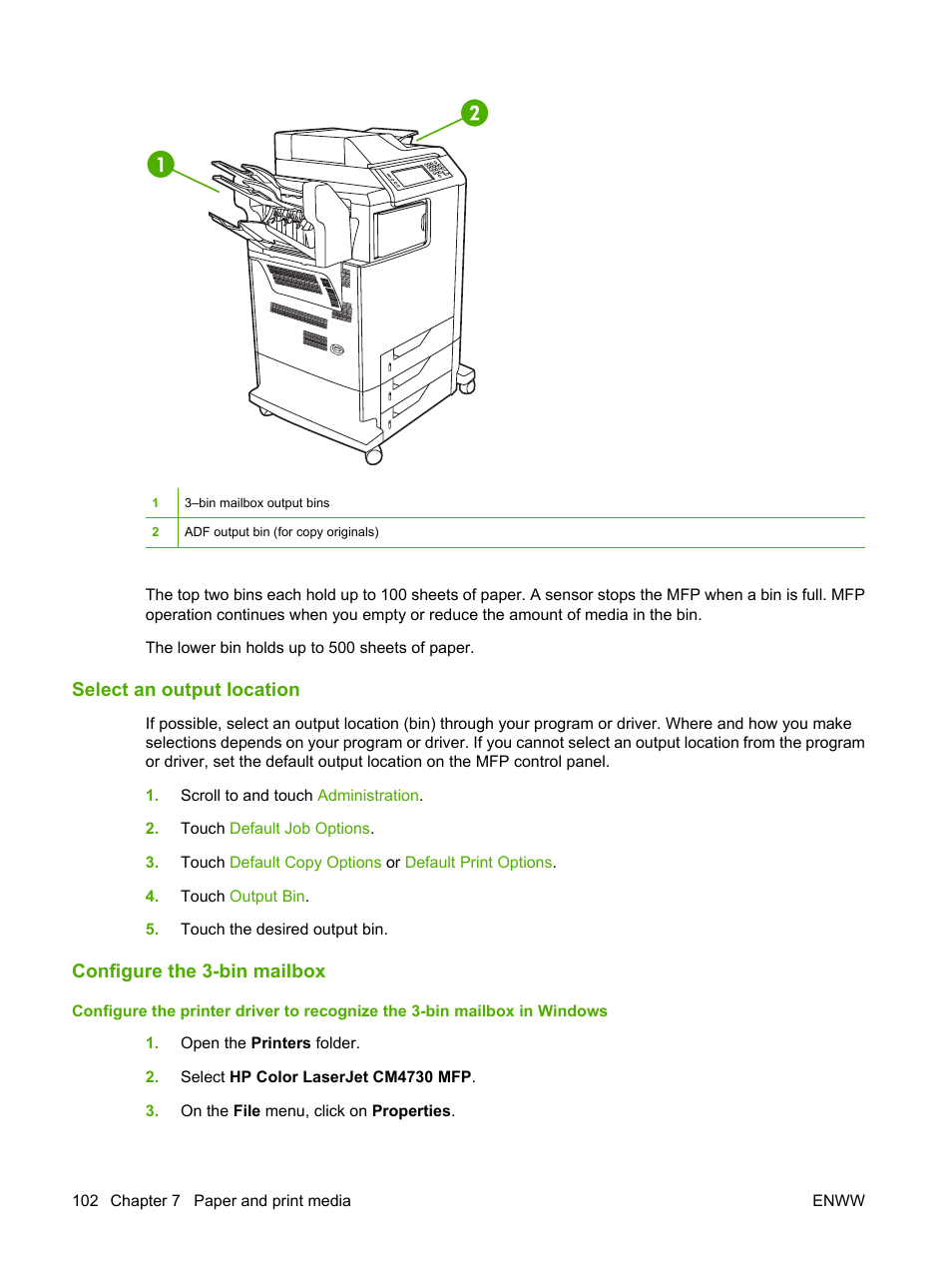 Select an output location, Configure the 3-bin mailbox | HP Color LaserJet CM4730 Multifunction Printer series User Manual | Page 118 / 370