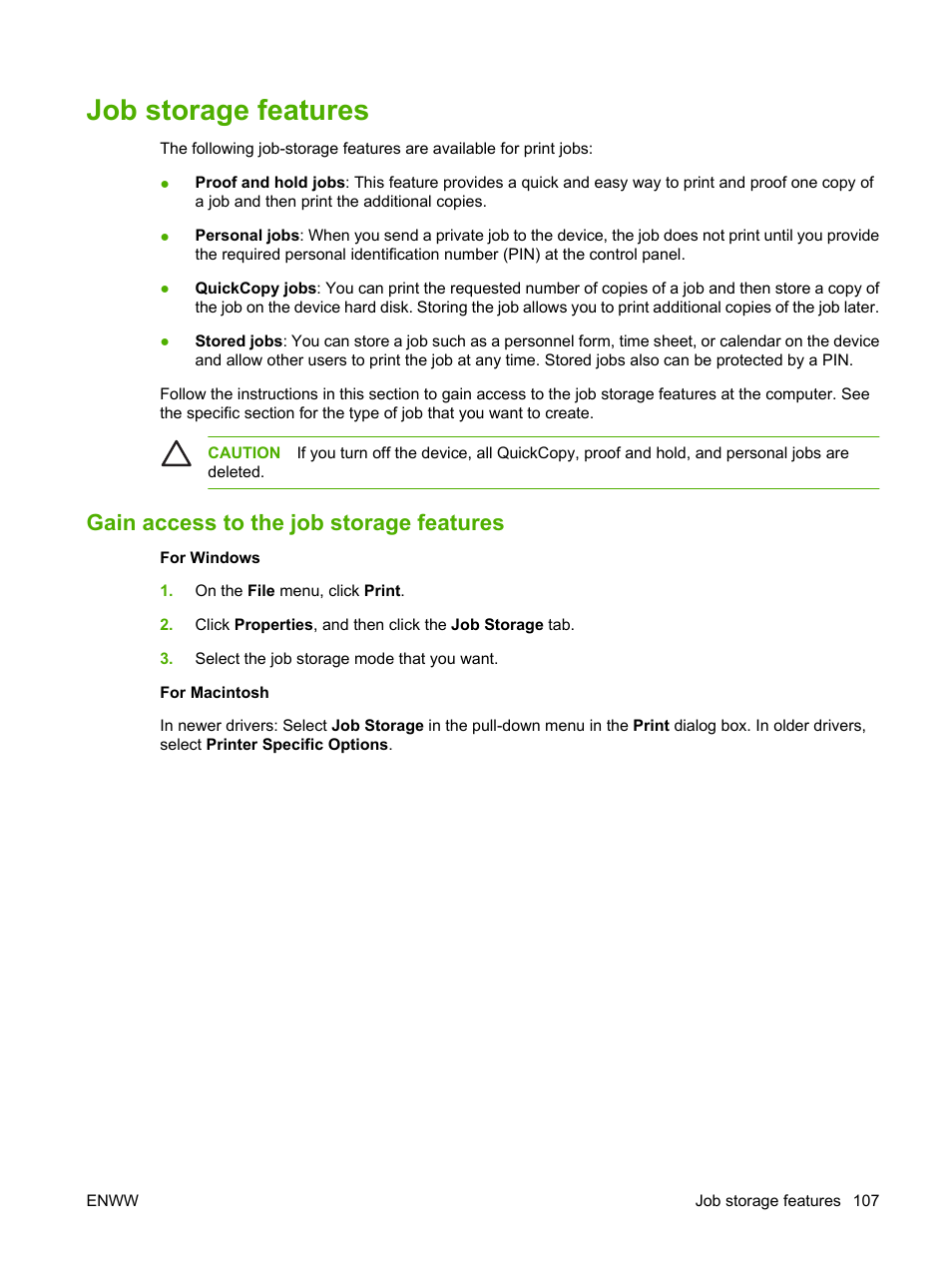 Job storage features, Gain access to the job storage features | HP Color LaserJet CM4730 Multifunction Printer series User Manual | Page 123 / 370