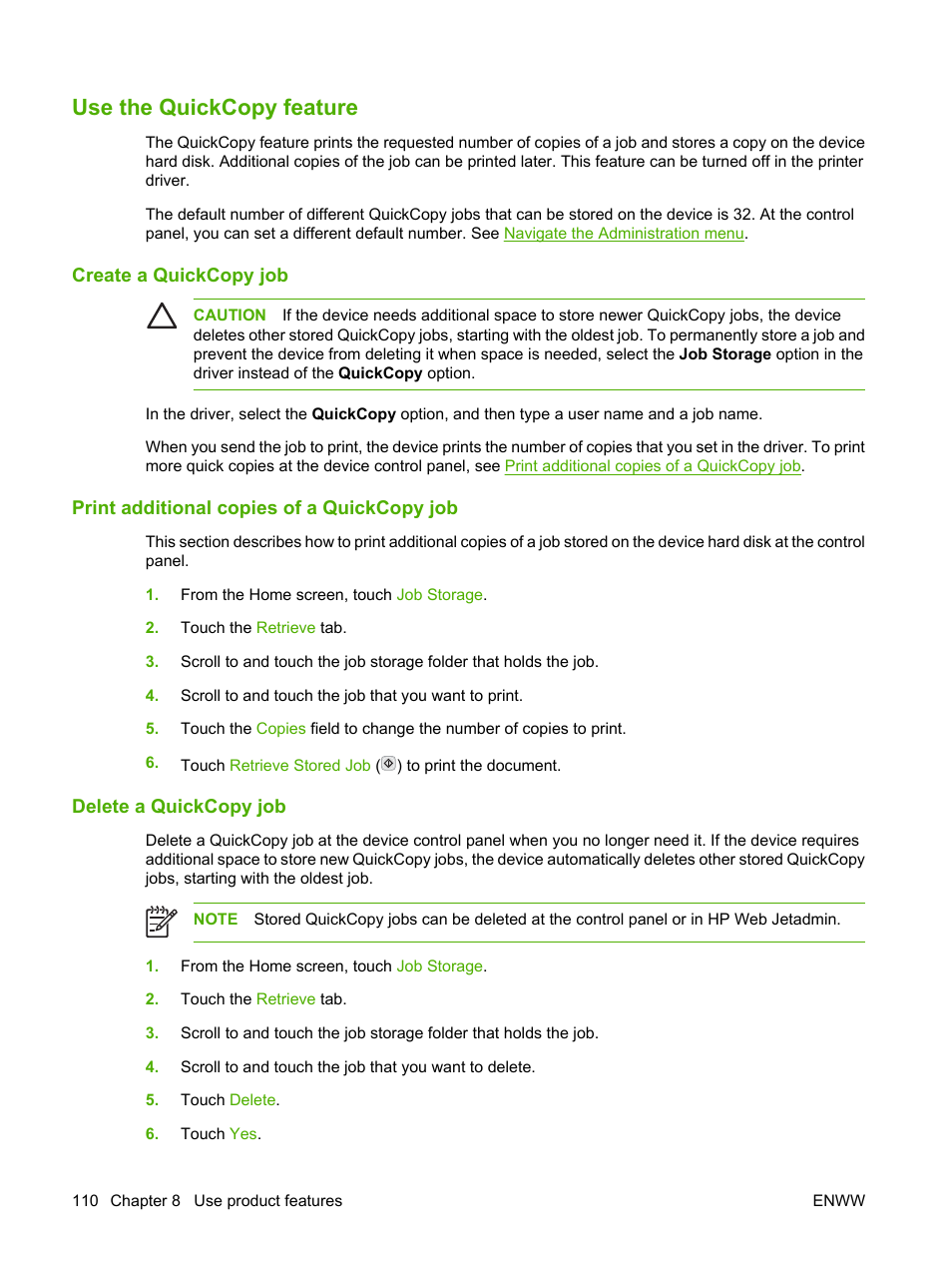 Use the quickcopy feature, Create a quickcopy job, Print additional copies of a quickcopy job | Delete a quickcopy job | HP Color LaserJet CM4730 Multifunction Printer series User Manual | Page 126 / 370