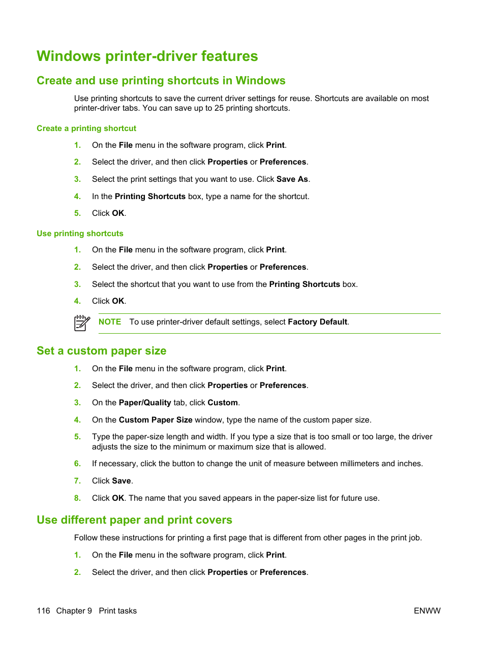 Windows printer-driver features, Create and use printing shortcuts in windows, Set a custom paper size | Use different paper and print covers | HP Color LaserJet CM4730 Multifunction Printer series User Manual | Page 132 / 370