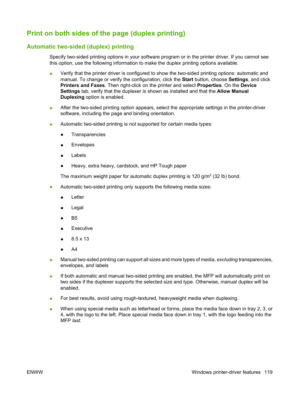 Automatic two-sided (duplex) printing, Print on both sides of the page (duplex printing) | HP Color LaserJet CM4730 Multifunction Printer series User Manual | Page 135 / 370