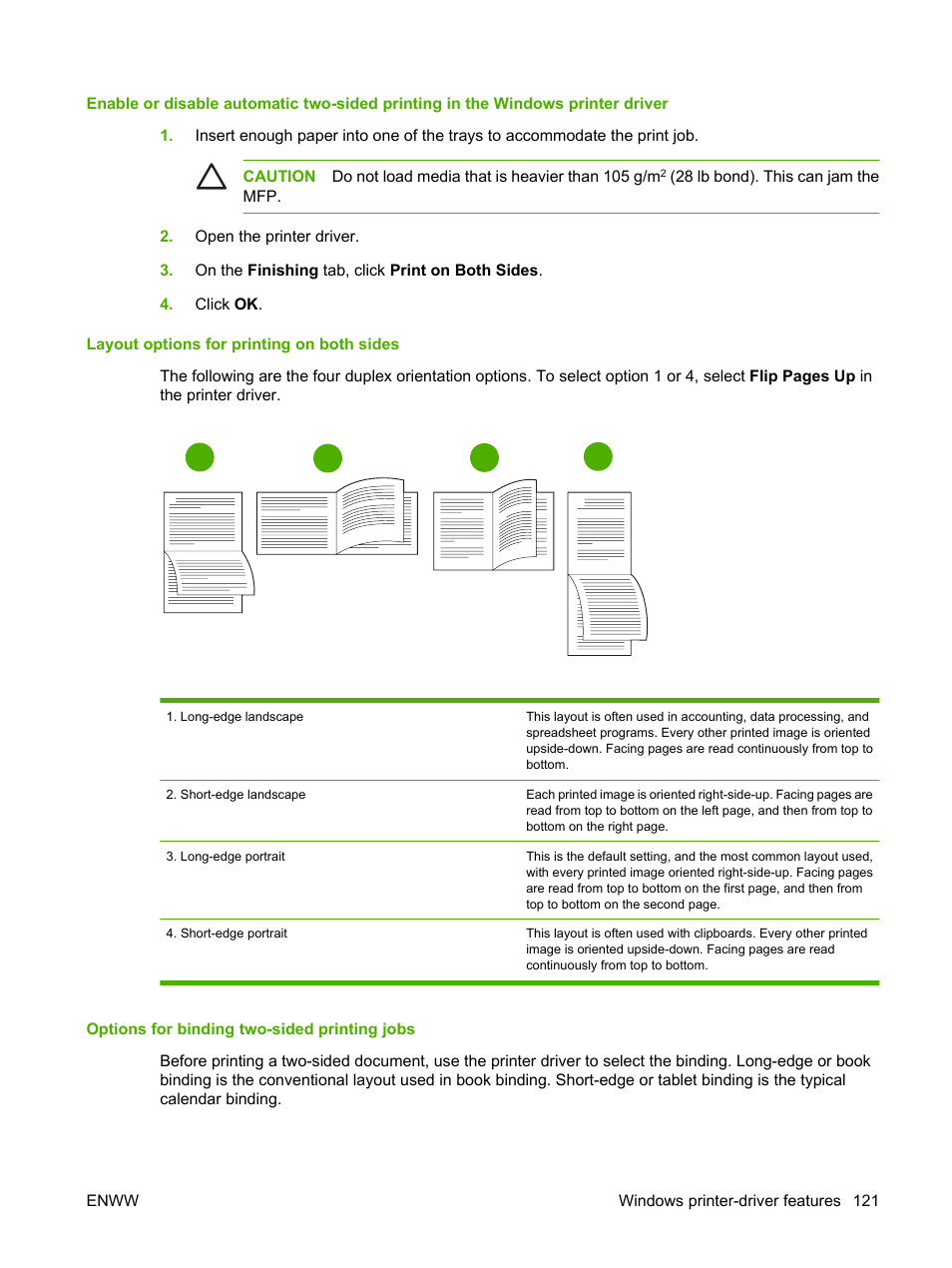 Layout options for printing on both sides, Options for binding two-sided printing jobs | HP Color LaserJet CM4730 Multifunction Printer series User Manual | Page 137 / 370