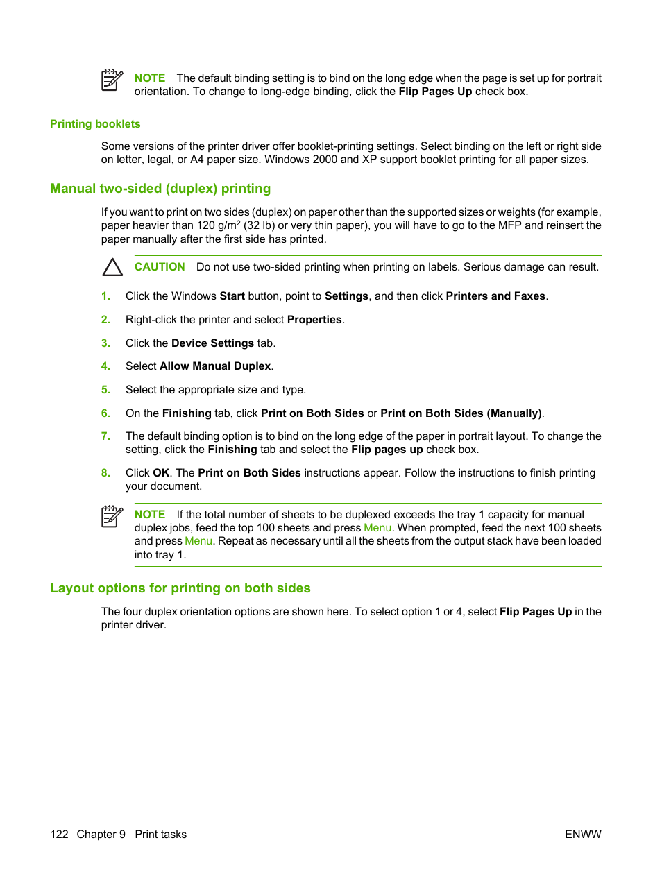 Printing booklets, Manual two-sided (duplex) printing, Layout options for printing on both sides | HP Color LaserJet CM4730 Multifunction Printer series User Manual | Page 138 / 370