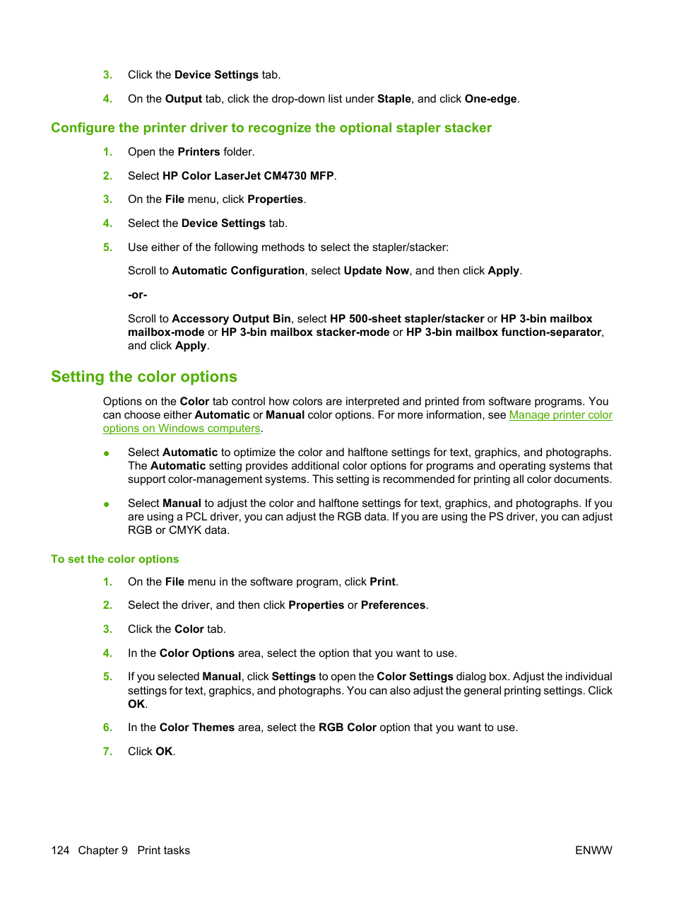 Setting the color options | HP Color LaserJet CM4730 Multifunction Printer series User Manual | Page 140 / 370