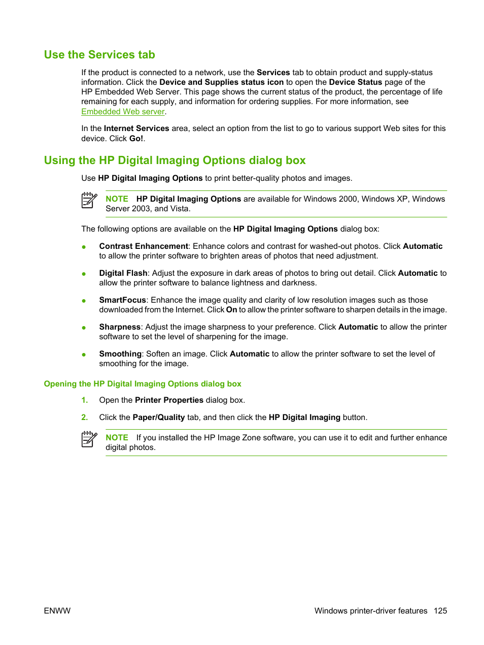 Use the services tab, Using the hp digital imaging options dialog box | HP Color LaserJet CM4730 Multifunction Printer series User Manual | Page 141 / 370