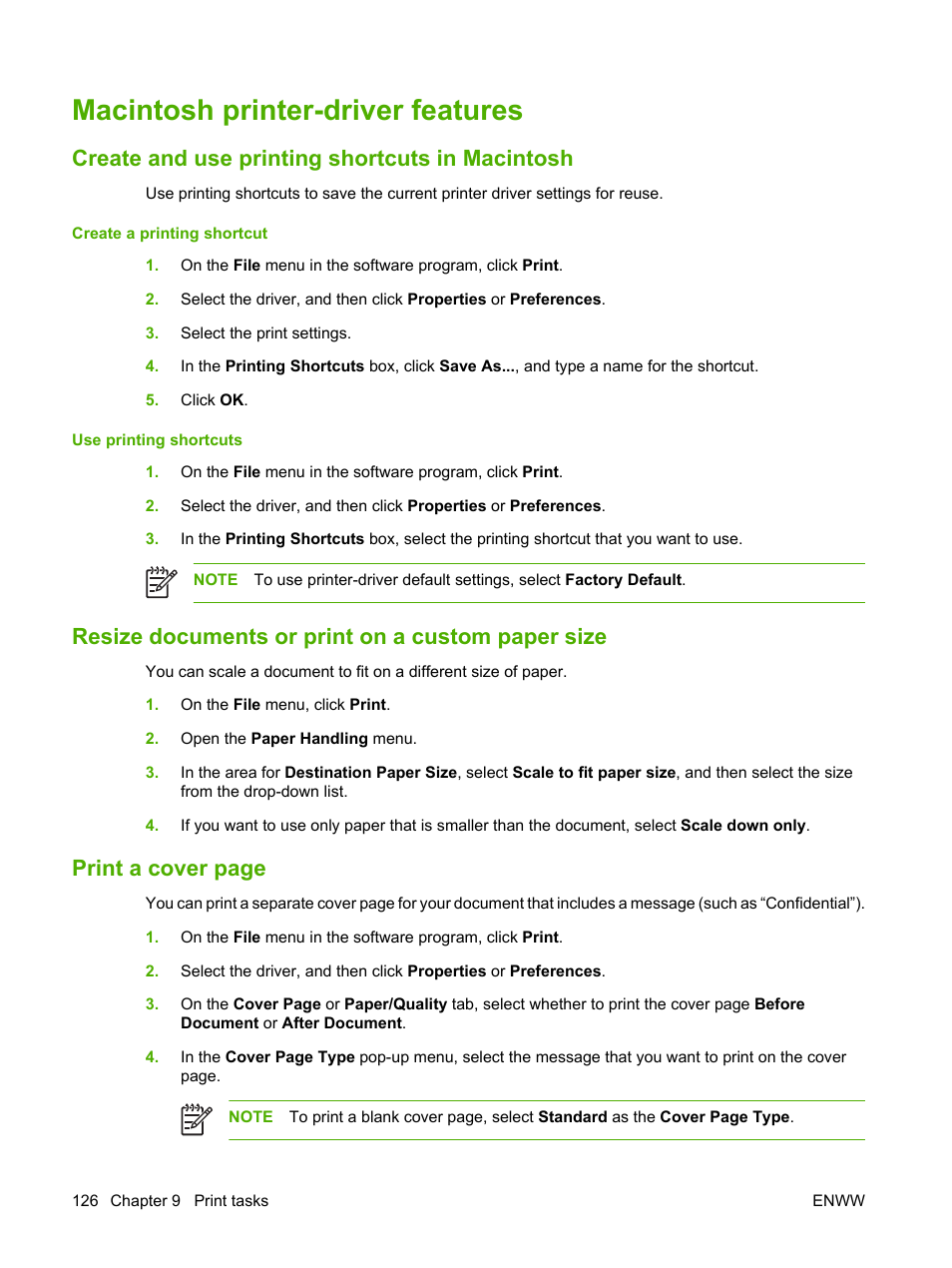 Macintosh printer-driver features, Create and use printing shortcuts in macintosh, Resize documents or print on a custom paper size | Print a cover page | HP Color LaserJet CM4730 Multifunction Printer series User Manual | Page 142 / 370