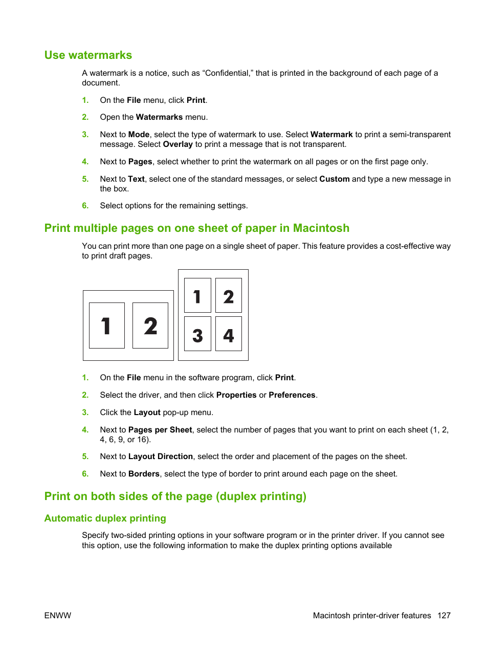 Use watermarks, Automatic duplex printing, Print on both sides of the page (duplex printing) | HP Color LaserJet CM4730 Multifunction Printer series User Manual | Page 143 / 370