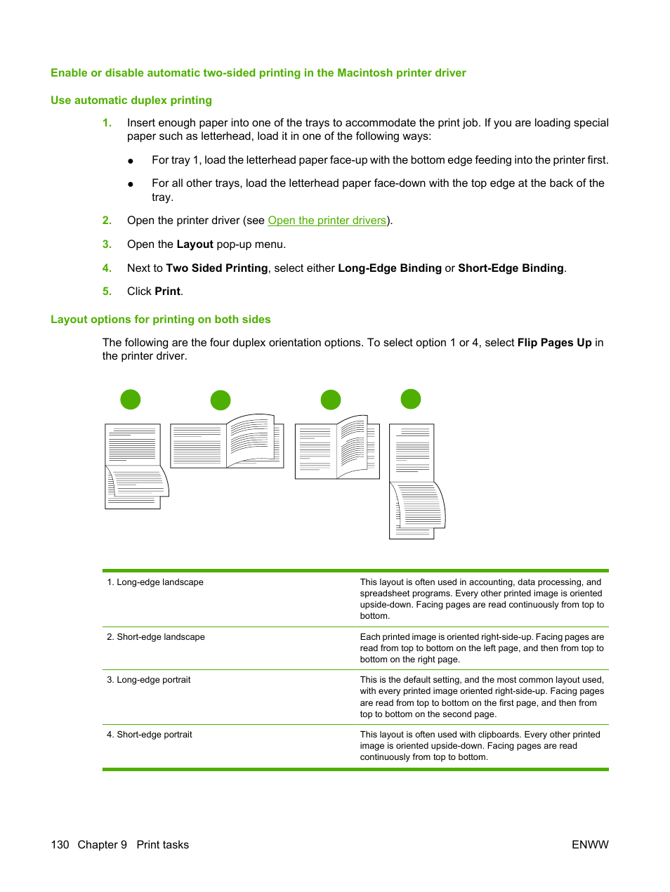 Layout options for printing on both sides | HP Color LaserJet CM4730 Multifunction Printer series User Manual | Page 146 / 370