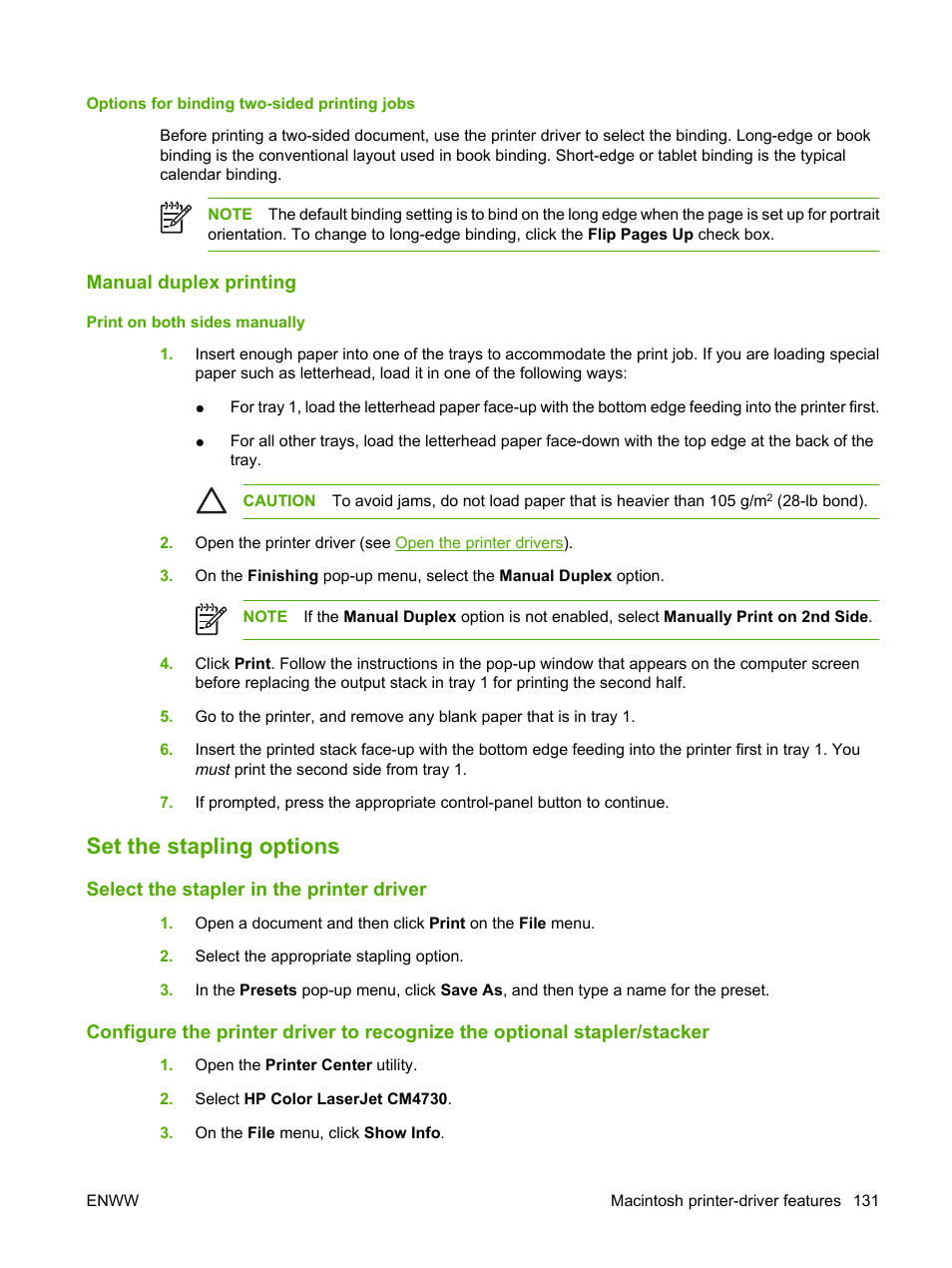 Options for binding two-sided printing jobs, Manual duplex printing, Set the stapling options | Select the stapler in the printer driver | HP Color LaserJet CM4730 Multifunction Printer series User Manual | Page 147 / 370