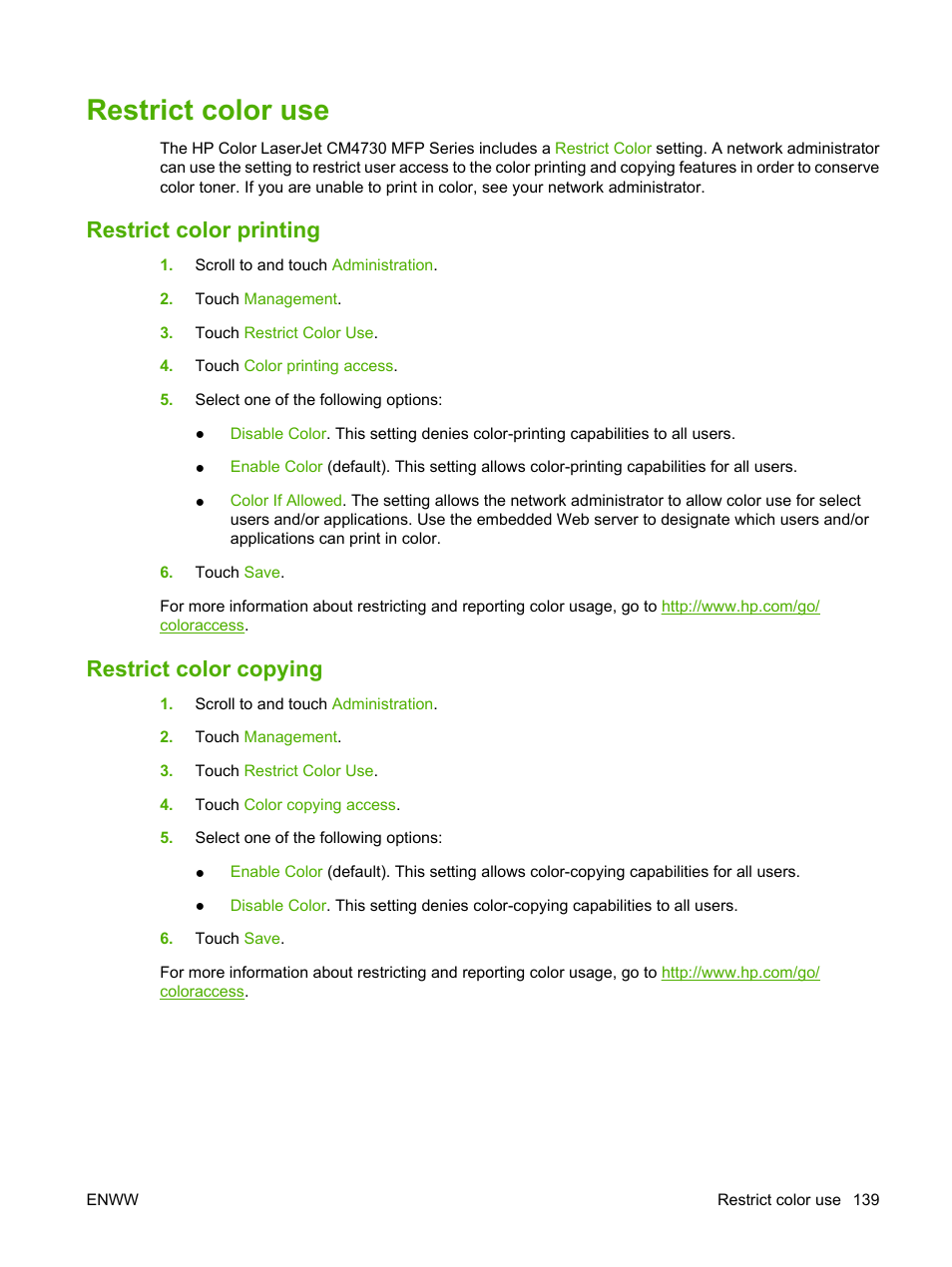 Restrict color use, Restrict color printing, Restrict color copying | Restrict color printing restrict color copying | HP Color LaserJet CM4730 Multifunction Printer series User Manual | Page 155 / 370