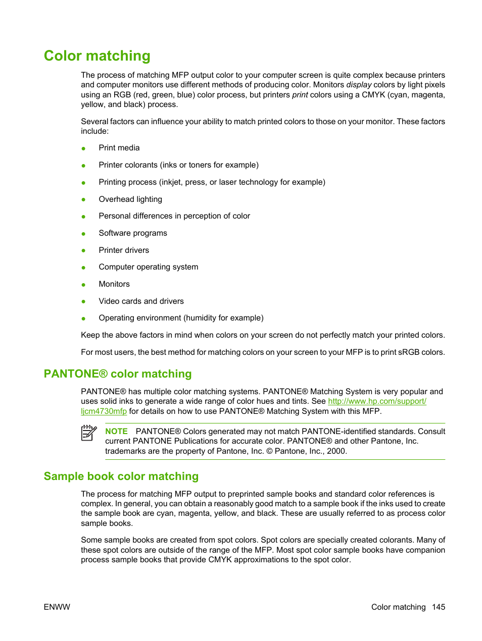 Color matching, Pantone® color matching, Sample book color matching | Pantone® color matching sample book color matching | HP Color LaserJet CM4730 Multifunction Printer series User Manual | Page 161 / 370