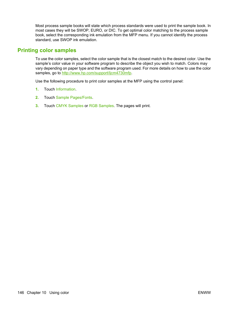 Printing color samples | HP Color LaserJet CM4730 Multifunction Printer series User Manual | Page 162 / 370