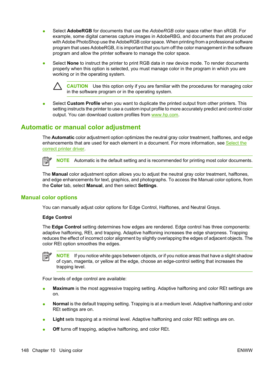 Automatic or manual color adjustment, Manual color options | HP Color LaserJet CM4730 Multifunction Printer series User Manual | Page 164 / 370