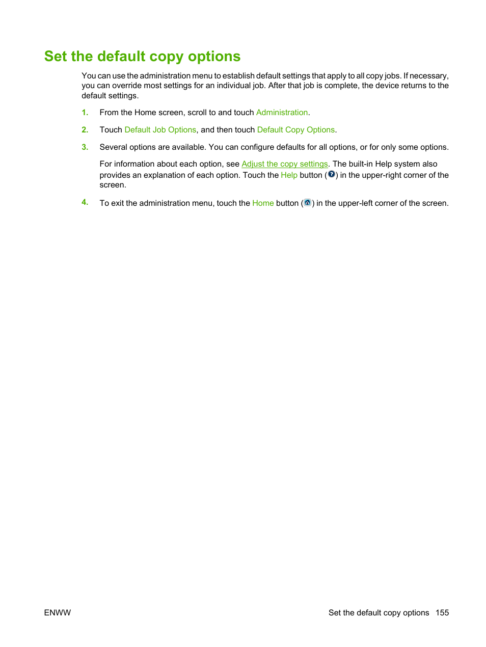 Set the default copy options | HP Color LaserJet CM4730 Multifunction Printer series User Manual | Page 171 / 370