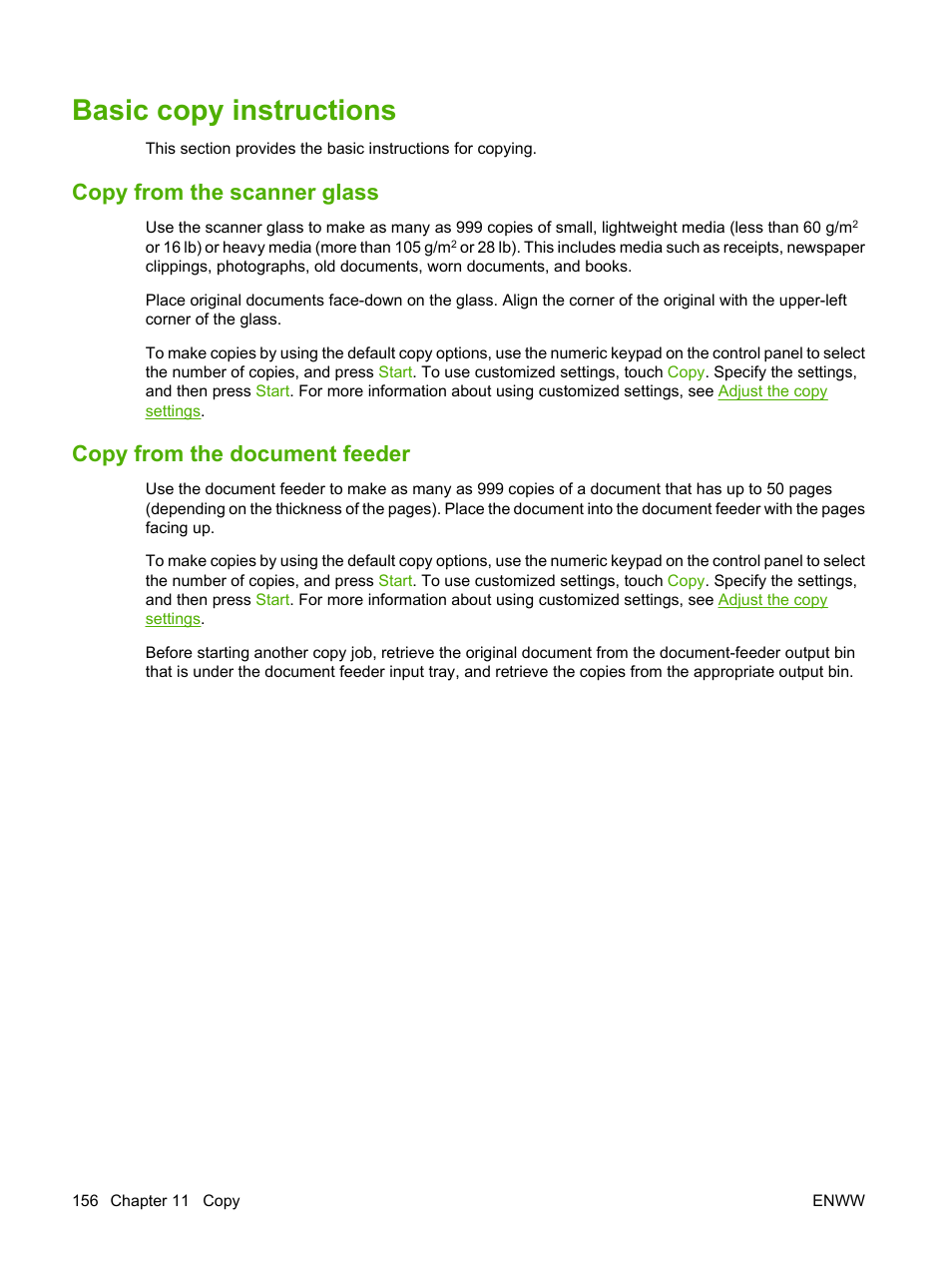 Basic copy instructions, Copy from the scanner glass, Copy from the document feeder | HP Color LaserJet CM4730 Multifunction Printer series User Manual | Page 172 / 370