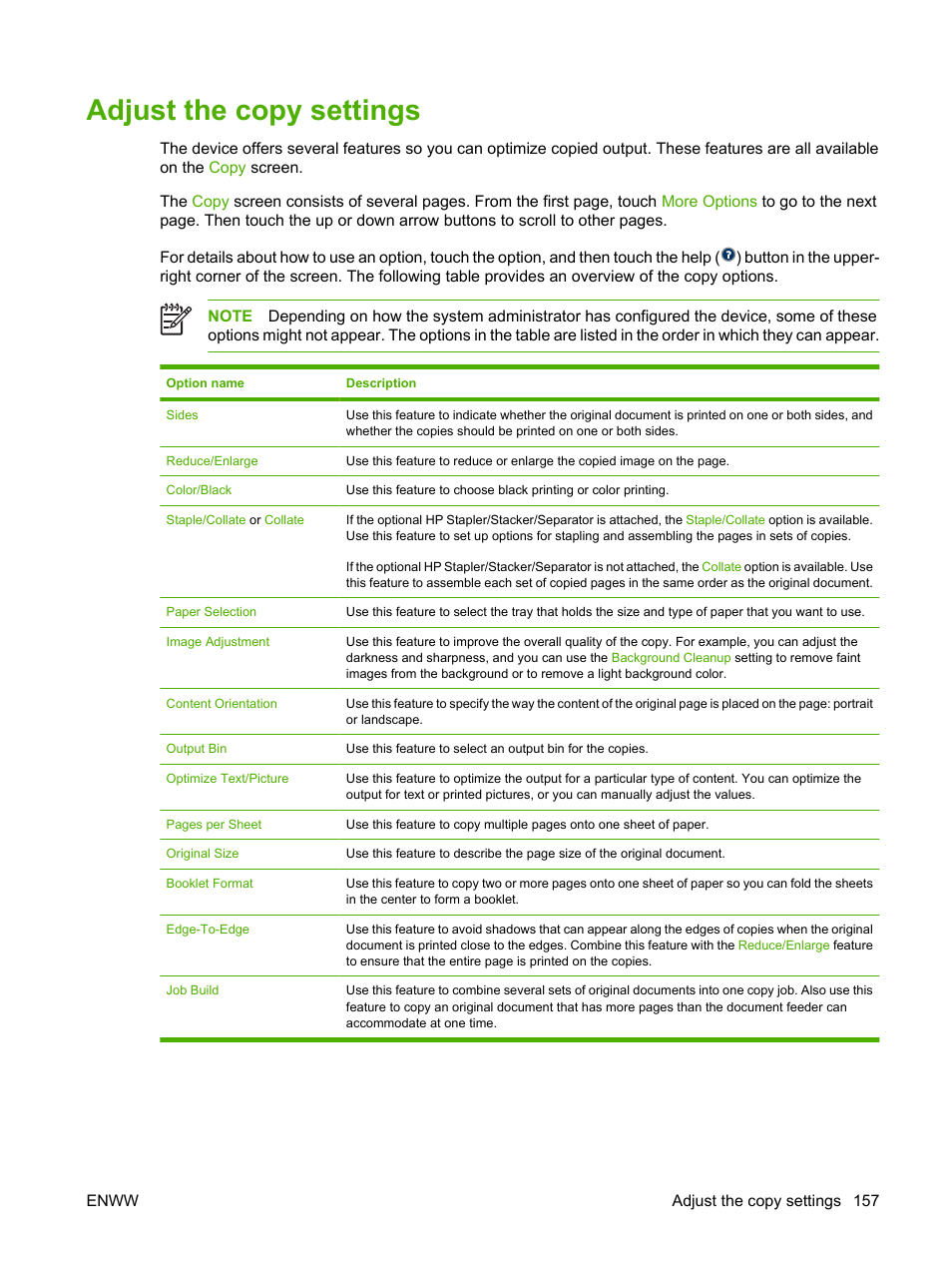 Adjust the copy settings, Adjust the copy, Settings | HP Color LaserJet CM4730 Multifunction Printer series User Manual | Page 173 / 370