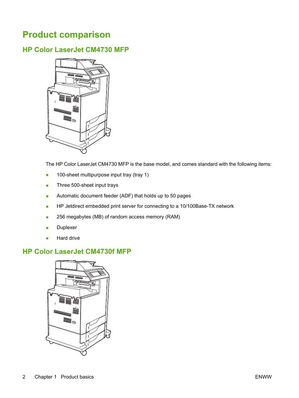 Product comparison, Hp color laserjet cm4730 mfp, Hp color laserjet cm4730f mfp | HP Color LaserJet CM4730 Multifunction Printer series User Manual | Page 18 / 370