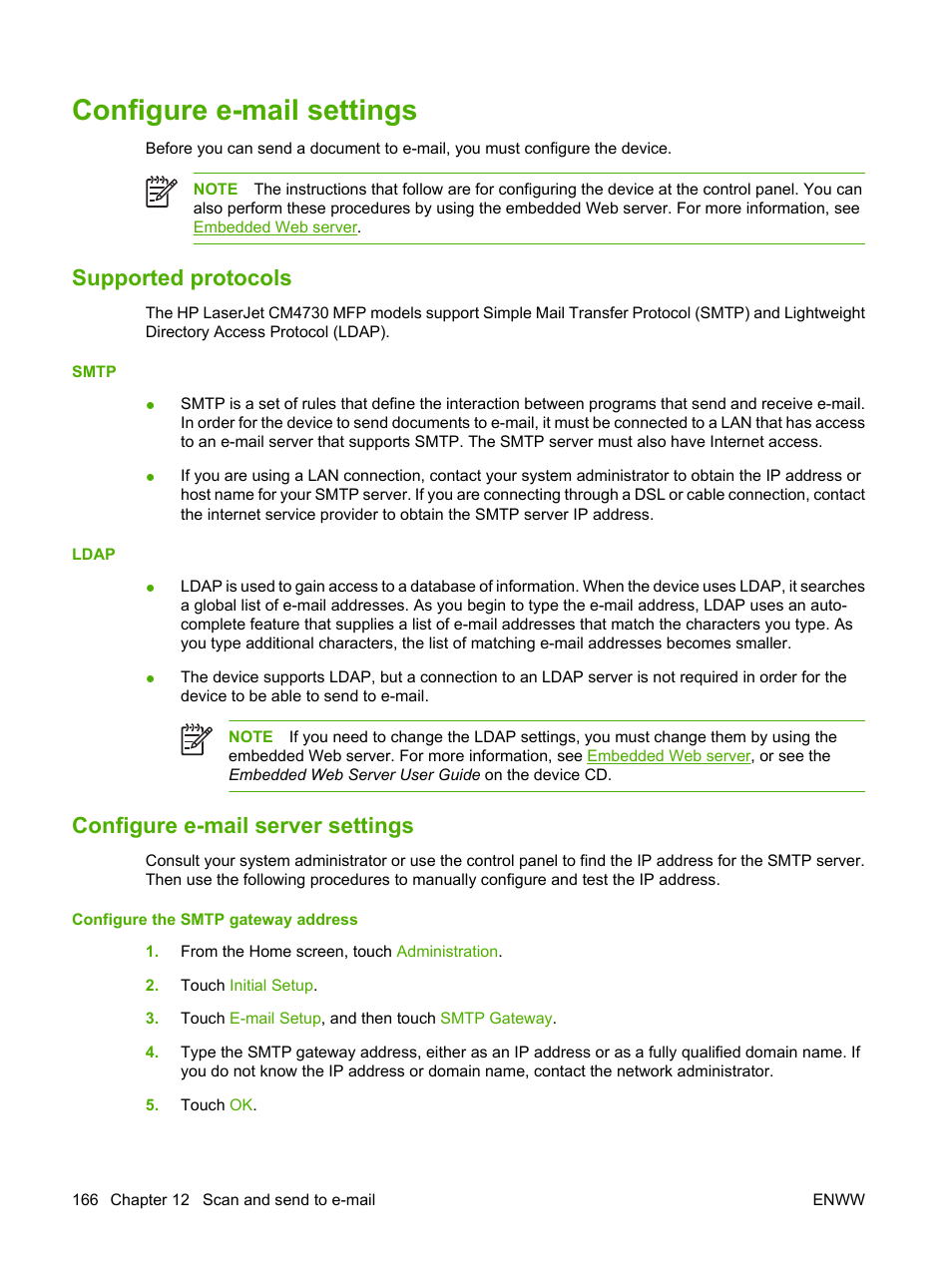 Configure e-mail settings, Supported protocols, Configure e-mail server settings | HP Color LaserJet CM4730 Multifunction Printer series User Manual | Page 182 / 370