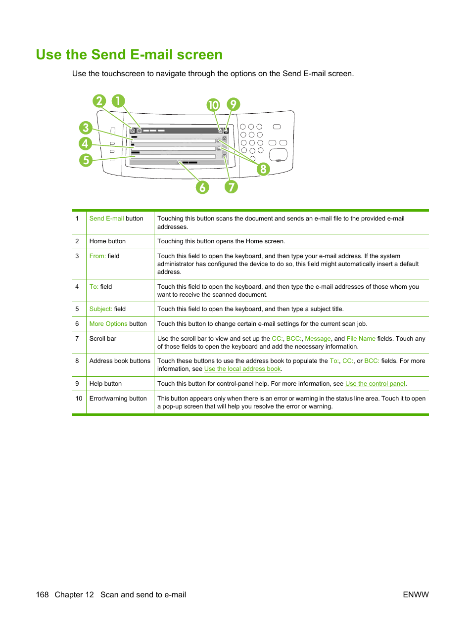 Use the send e-mail screen | HP Color LaserJet CM4730 Multifunction Printer series User Manual | Page 184 / 370