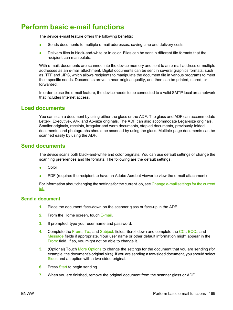 Perform basic e-mail functions, Load documents, Send documents | Send a document, Load documents send documents | HP Color LaserJet CM4730 Multifunction Printer series User Manual | Page 185 / 370