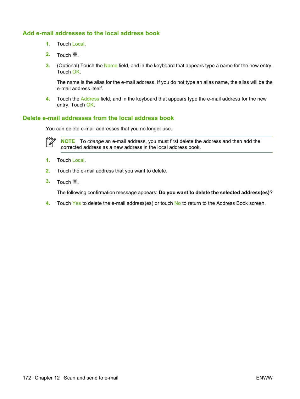 Add e-mail addresses to the local address book | HP Color LaserJet CM4730 Multifunction Printer series User Manual | Page 188 / 370