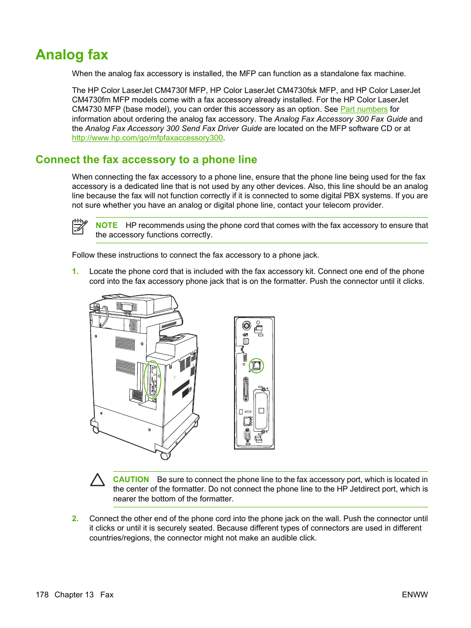 Analog fax, Connect the fax accessory to a phone line | HP Color LaserJet CM4730 Multifunction Printer series User Manual | Page 194 / 370