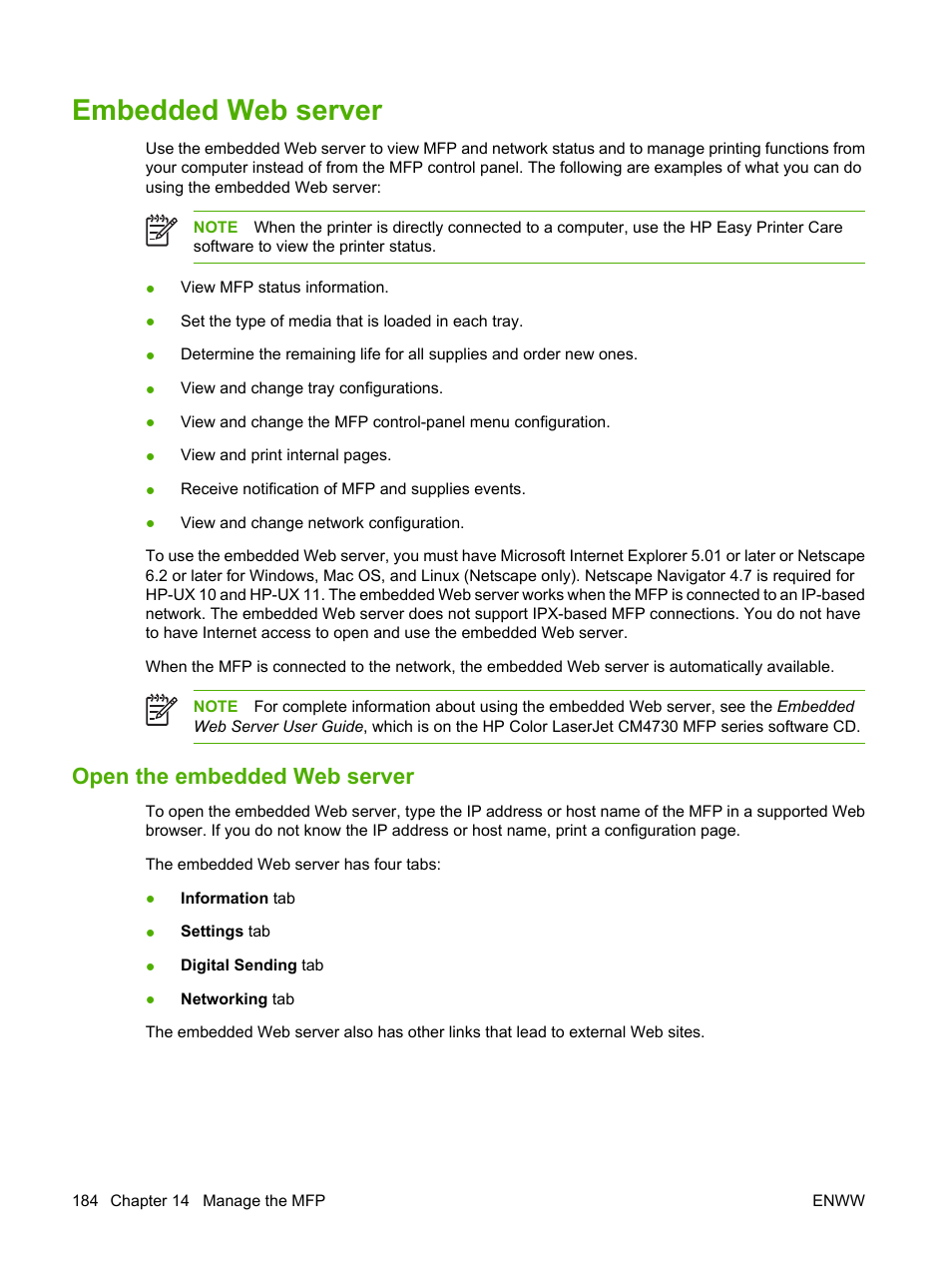 Embedded web server, Open the embedded web server | HP Color LaserJet CM4730 Multifunction Printer series User Manual | Page 200 / 370