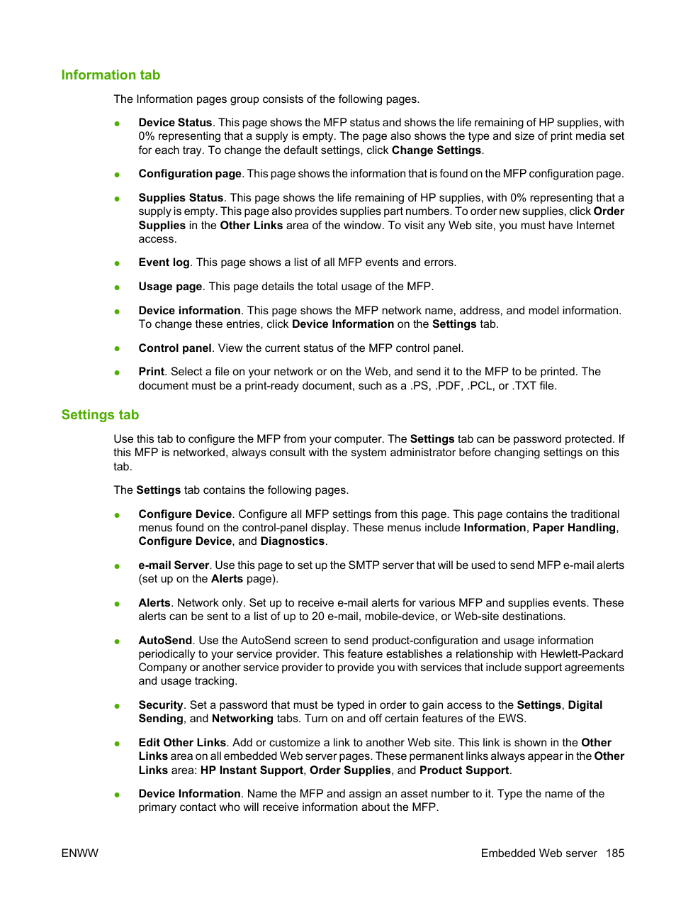 Information tab, Settings tab, Information tab settings tab | HP Color LaserJet CM4730 Multifunction Printer series User Manual | Page 201 / 370