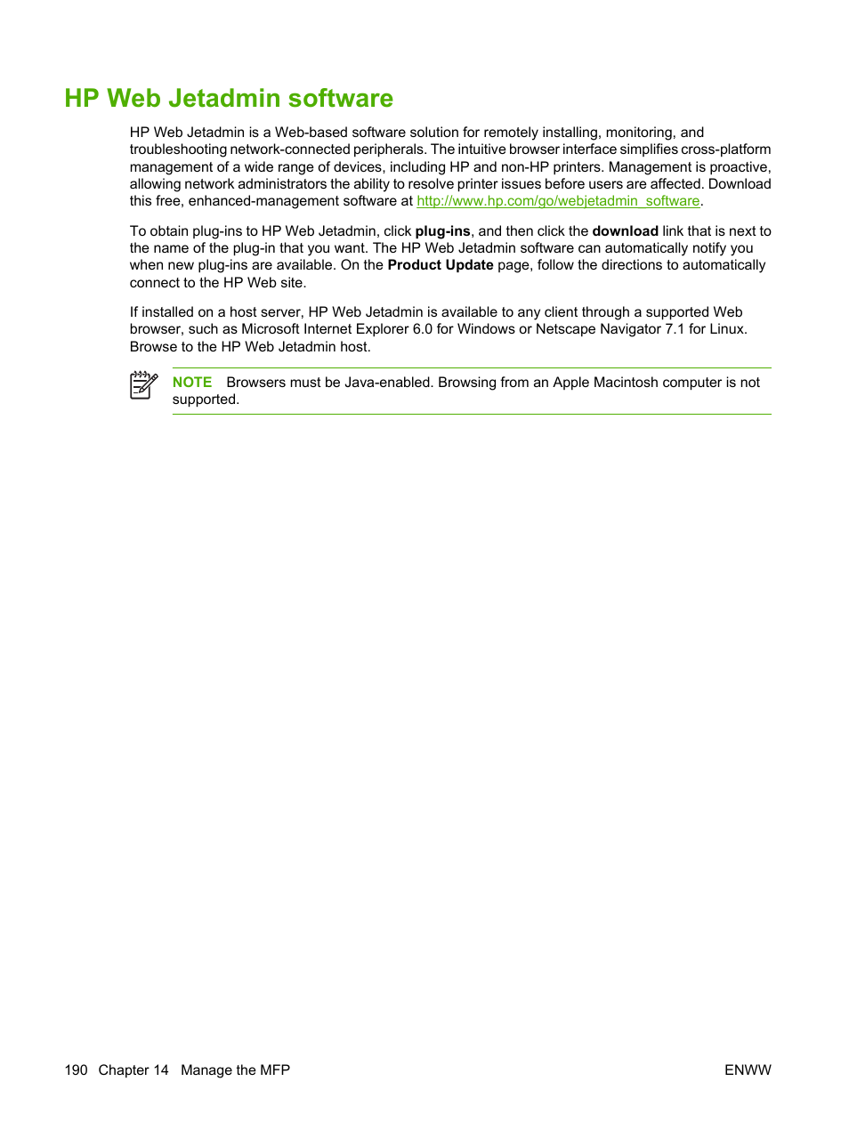 Hp web jetadmin software | HP Color LaserJet CM4730 Multifunction Printer series User Manual | Page 206 / 370