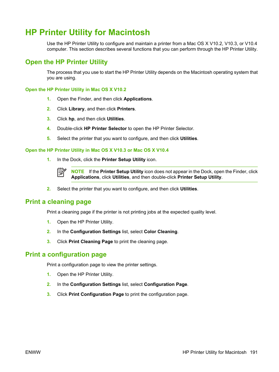 Hp printer utility for macintosh, Open the hp printer utility, Hp printer utility for | Macintosh, Print a cleaning page, Print a configuration page | HP Color LaserJet CM4730 Multifunction Printer series User Manual | Page 207 / 370