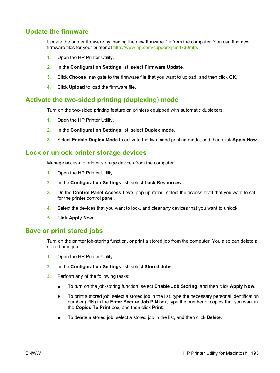 Update the firmware, Activate the two-sided printing (duplexing) mode, Lock or unlock printer storage devices | Save or print stored jobs | HP Color LaserJet CM4730 Multifunction Printer series User Manual | Page 209 / 370