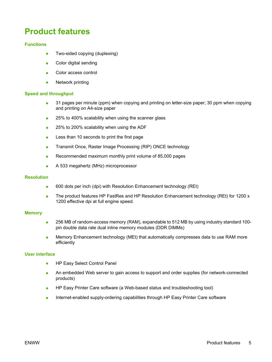 Product features | HP Color LaserJet CM4730 Multifunction Printer series User Manual | Page 21 / 370