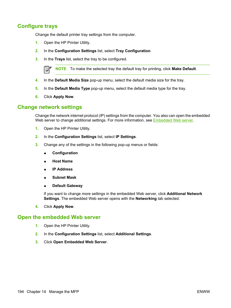 Configure trays, Change network settings, Open the embedded web server | HP Color LaserJet CM4730 Multifunction Printer series User Manual | Page 210 / 370
