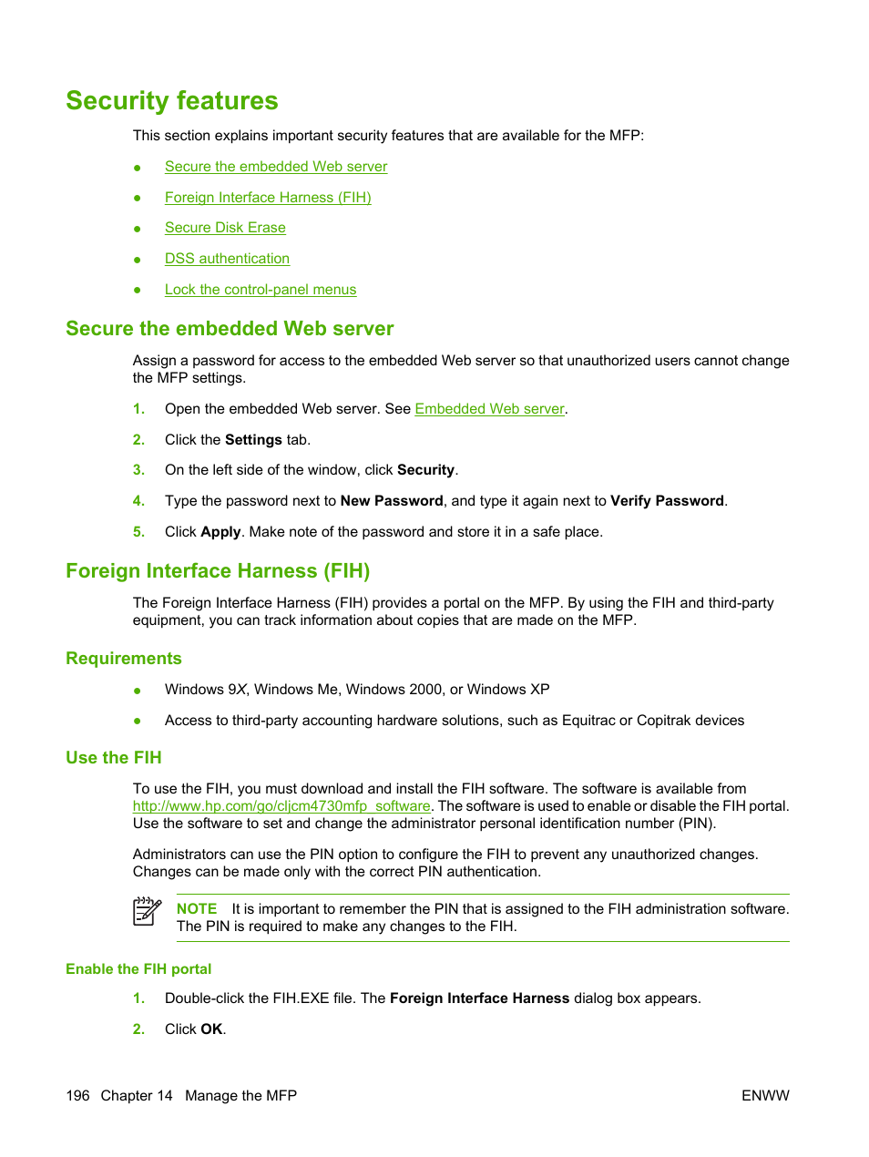Security features, Secure the embedded web server, Foreign interface harness (fih) | Requirements, Use the fih, Enable the fih portal, Requirements use the fih | HP Color LaserJet CM4730 Multifunction Printer series User Manual | Page 212 / 370