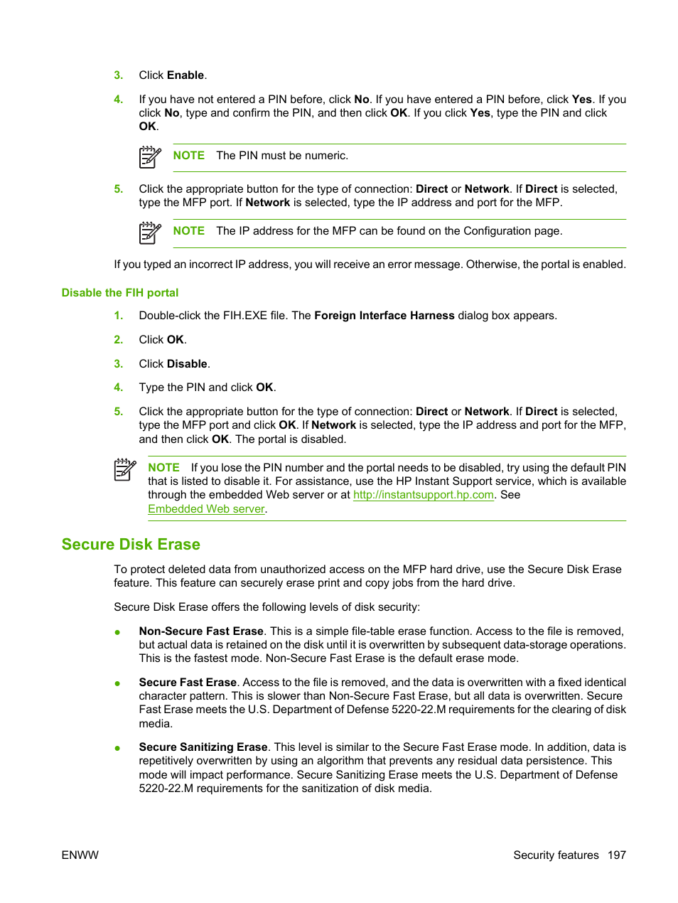 Disable the fih portal, Secure disk erase | HP Color LaserJet CM4730 Multifunction Printer series User Manual | Page 213 / 370