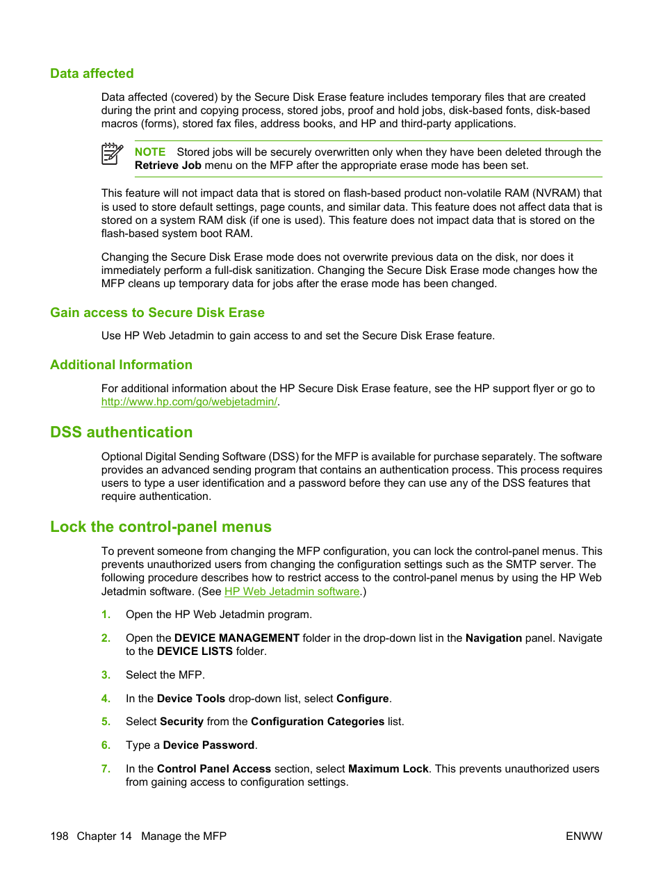 Data affected, Gain access to secure disk erase, Additional information | Dss authentication, Lock the control-panel menus, Dss authentication lock the control-panel menus | HP Color LaserJet CM4730 Multifunction Printer series User Manual | Page 214 / 370