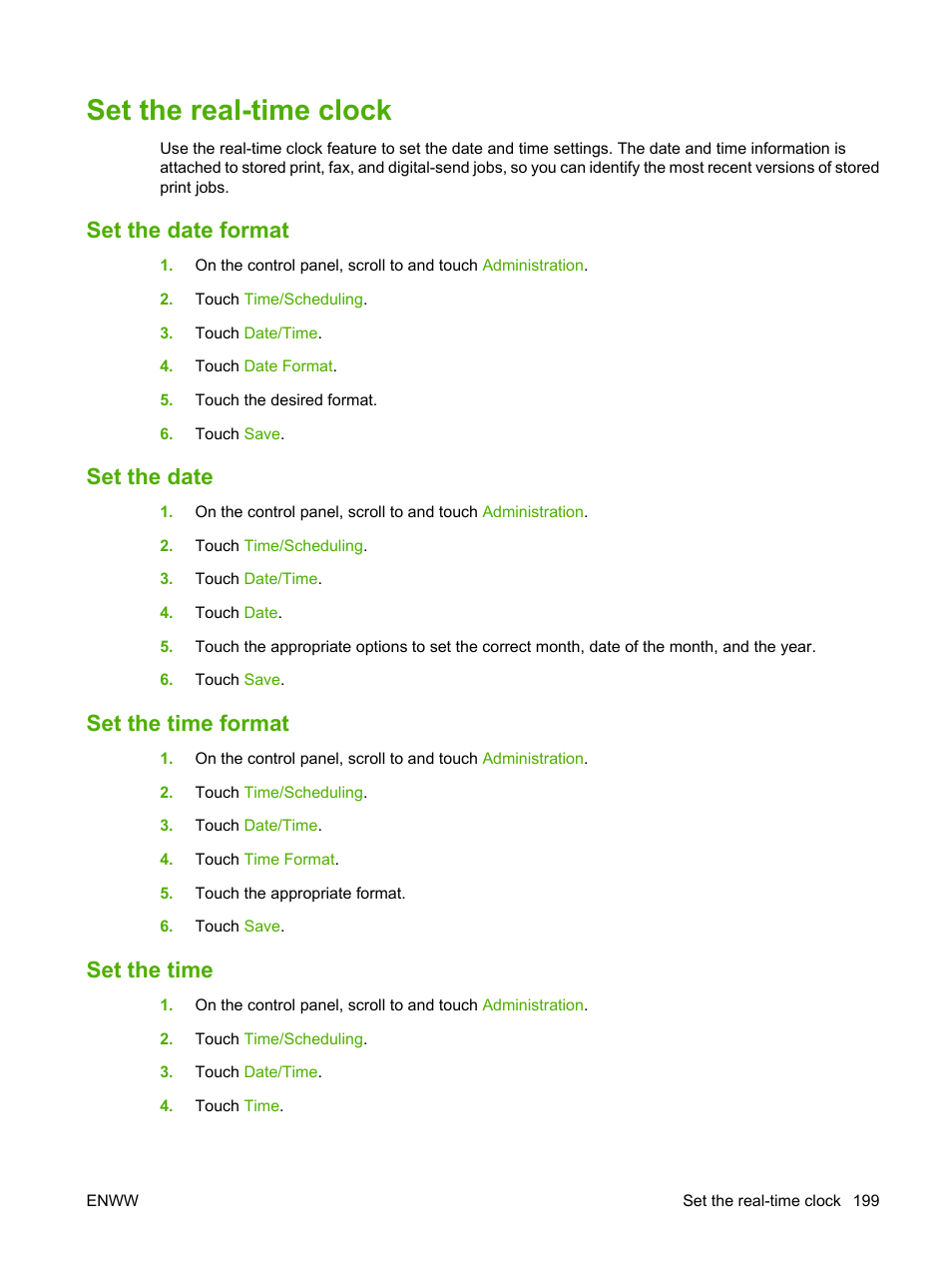 Set the real-time clock, Set the date format, Set the date | Set the time format, Set the time | HP Color LaserJet CM4730 Multifunction Printer series User Manual | Page 215 / 370