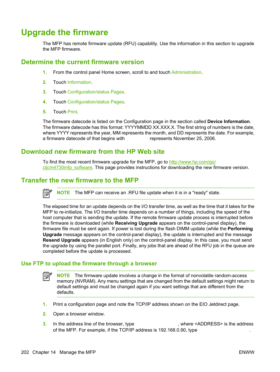 Upgrade the firmware, Determine the current firmware version, Download new firmware from the hp web site | Transfer the new firmware to the mfp, Use ftp to upload the firmware through a browser | HP Color LaserJet CM4730 Multifunction Printer series User Manual | Page 218 / 370