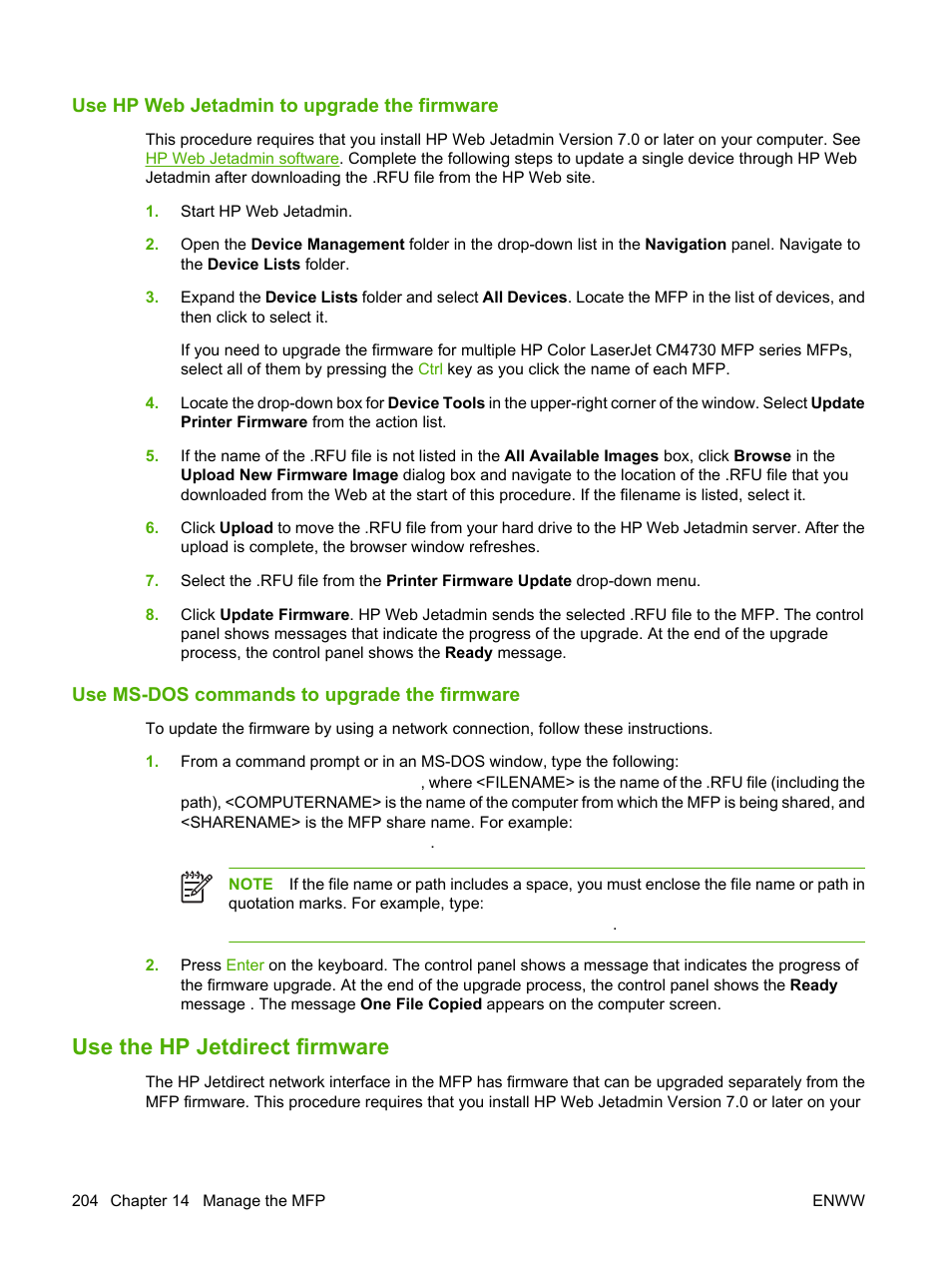 Use hp web jetadmin to upgrade the firmware, Use ms-dos commands to upgrade the firmware, Use the hp jetdirect firmware | HP Color LaserJet CM4730 Multifunction Printer series User Manual | Page 220 / 370