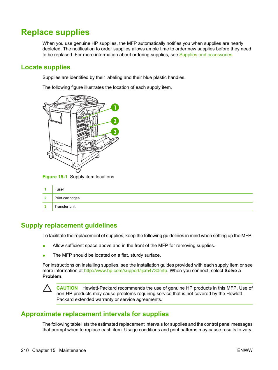 Replace supplies, Locate supplies, Supply replacement guidelines | Approximate replacement intervals for supplies | HP Color LaserJet CM4730 Multifunction Printer series User Manual | Page 226 / 370