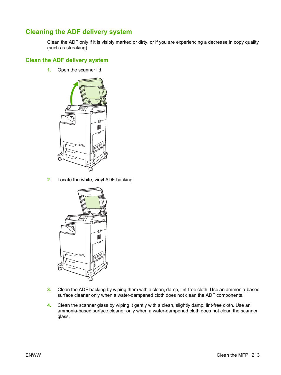 Cleaning the adf delivery system, Clean the adf delivery system | HP Color LaserJet CM4730 Multifunction Printer series User Manual | Page 229 / 370