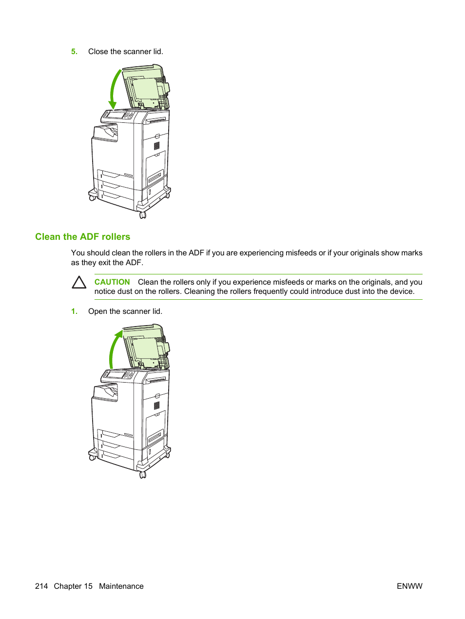 Clean the adf rollers | HP Color LaserJet CM4730 Multifunction Printer series User Manual | Page 230 / 370