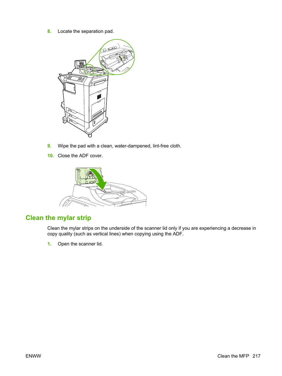 Clean the mylar strip | HP Color LaserJet CM4730 Multifunction Printer series User Manual | Page 233 / 370