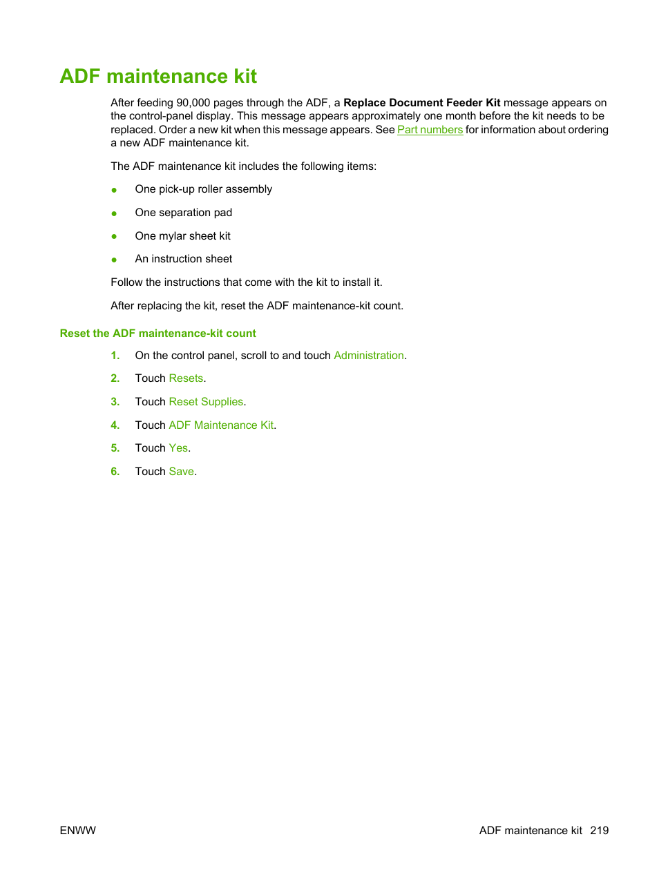 Adf maintenance kit | HP Color LaserJet CM4730 Multifunction Printer series User Manual | Page 235 / 370