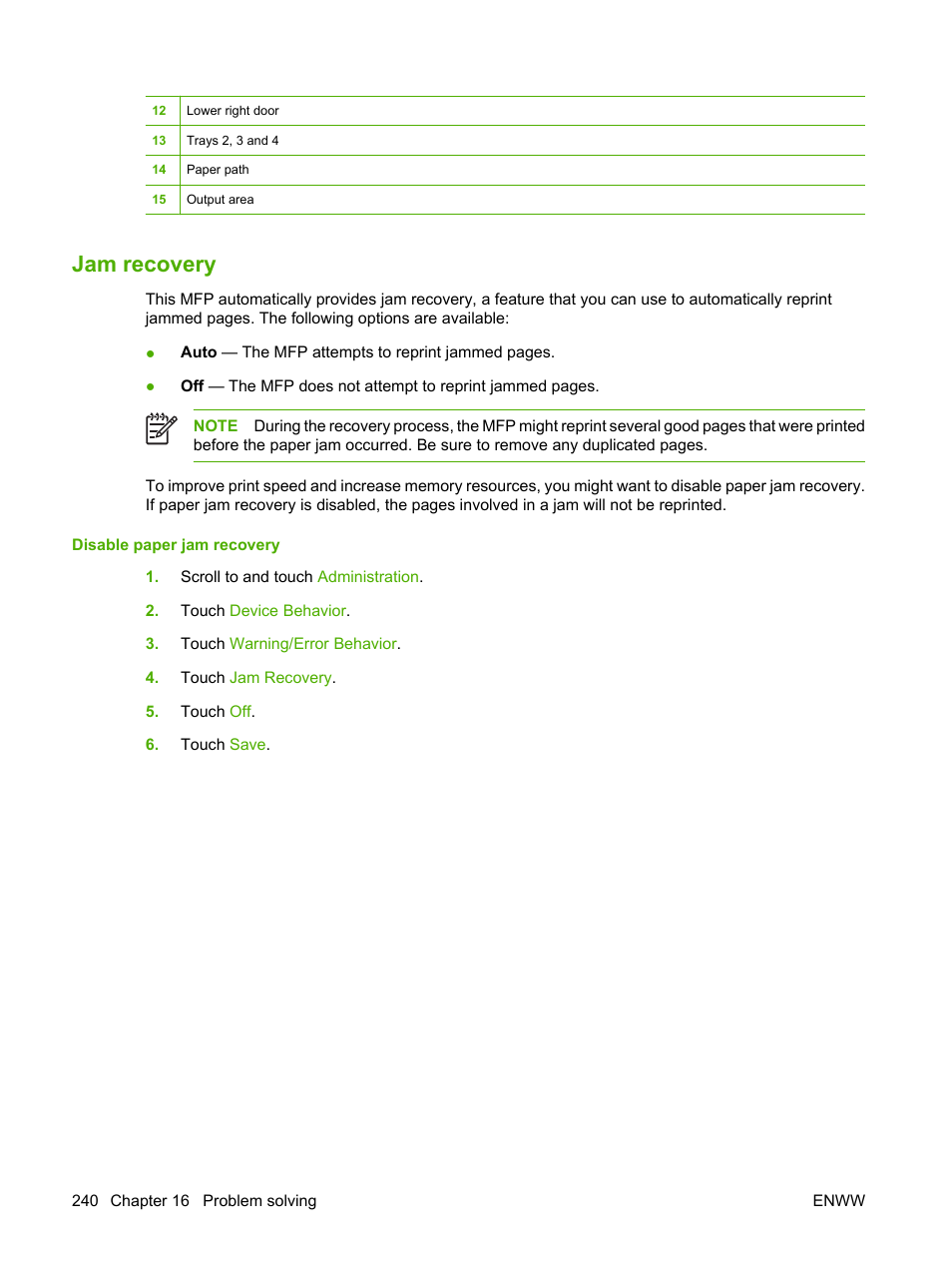 Jam recovery | HP Color LaserJet CM4730 Multifunction Printer series User Manual | Page 256 / 370